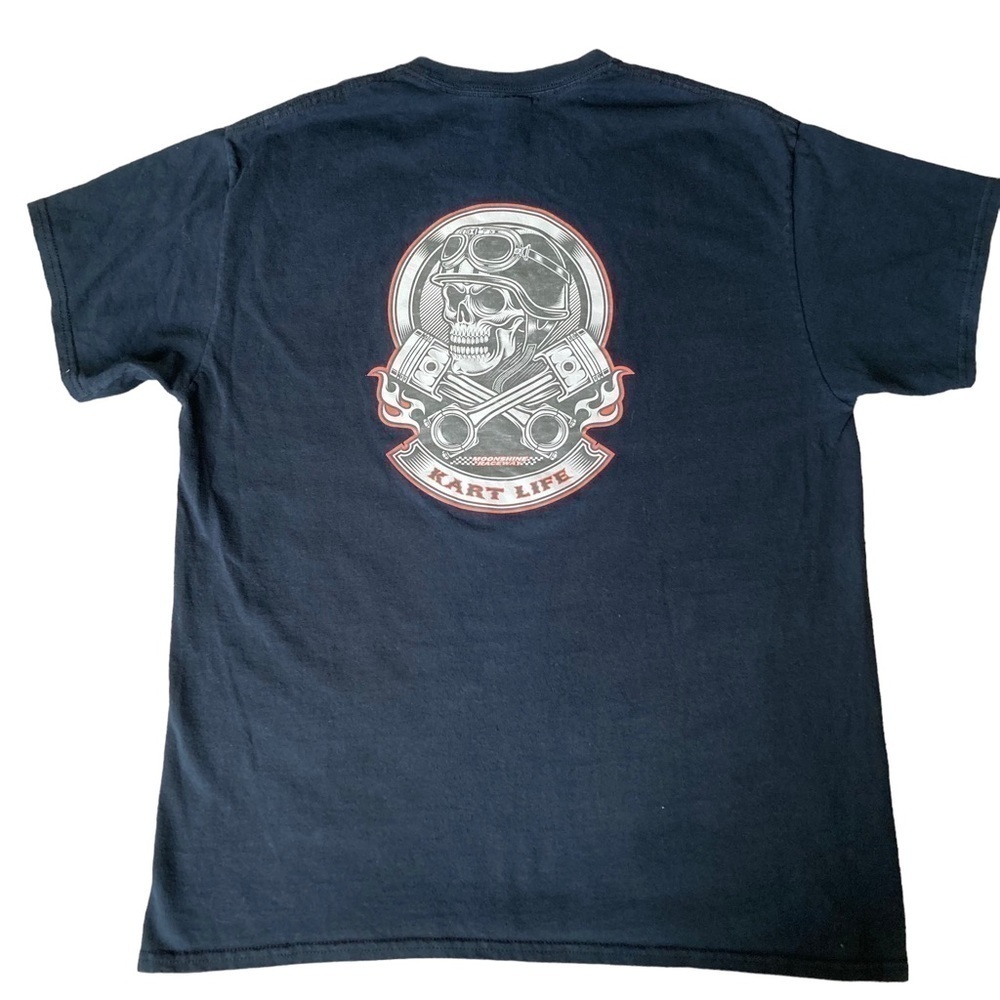 Vintage Moonshine Raceway Graphic T-Shirt Biker Skull Print Black Size L